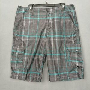 No Fear Cargo Shorts Mens 34 Gray Turquoise Plaid Pockets Casual Outdoor Hiking